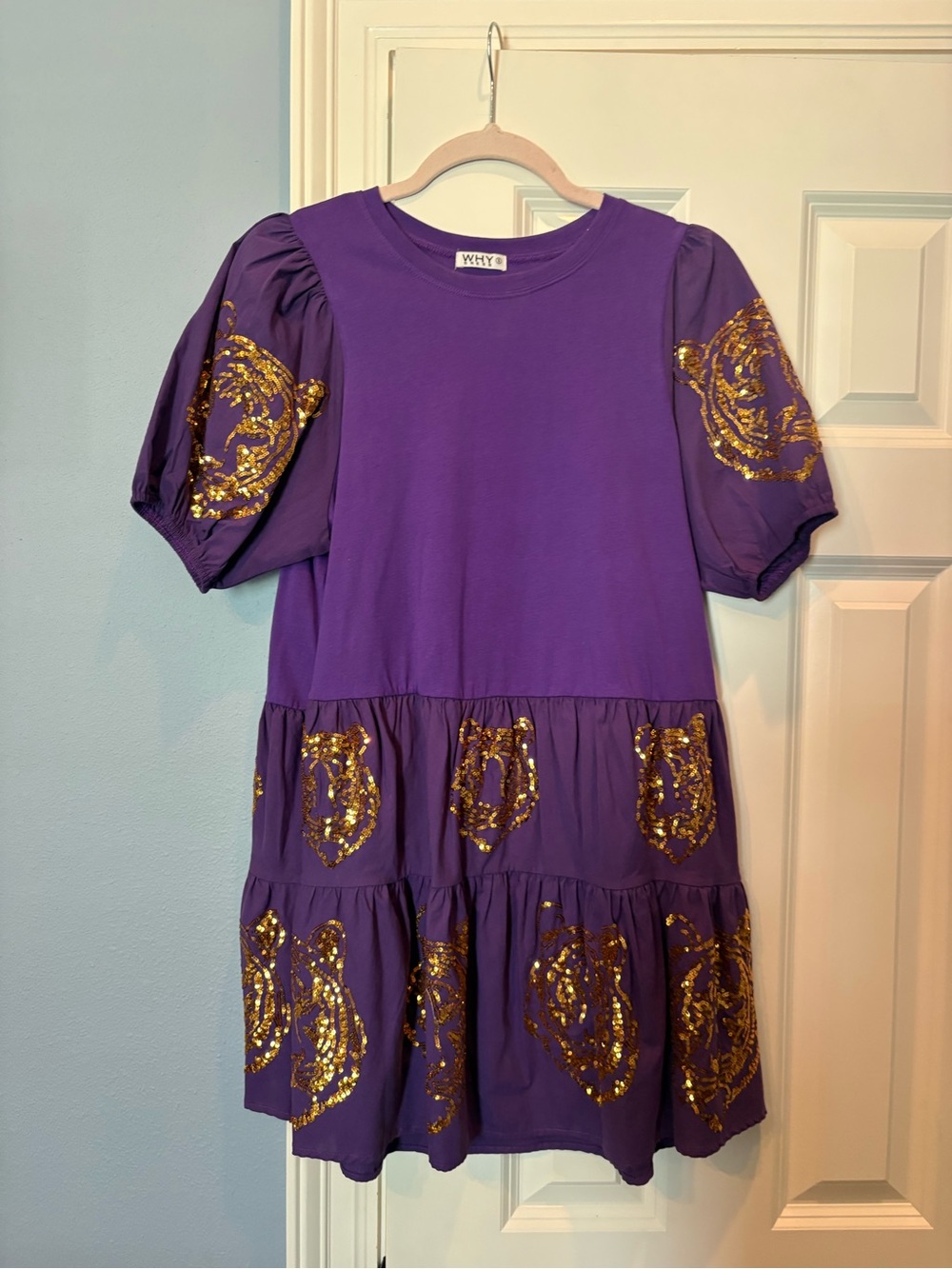 Purple Puff-Sleeve Dress with Gold Tiger Head Sequins